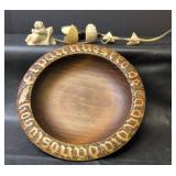 Hand Carved Decorative Wooden Bowl with Hand carved Bear Figure and Tulip Carved from Animal Horn