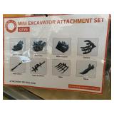 Unused Captok Set of 8 Excavator Implements: Rake, Ripper, Grabber, 12 inch Auger, 16 inch Auger, 8 Inch Narrow Bucket, 24 Inch Bucket, Auger Motor