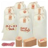 Clysee 8 Pcs Sublimation Blank Christmas Santa Sacks Bags Large Christmas Gift Bags Xmas Cheese Cloths Muslin Drawstring with 50 Kraft Paper Tags and Strings for DIY, 26.8 x 18.9 Inch