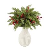 15 Pcs Christmas Artificial Pine Branches with Red Berry Stems, 18 Faux Evergreen Pine Cedar Stems, Fake Green Foliage Pine Needles Picks for DIY Craft Xmas Home Decor(15, Cypress & Barries)