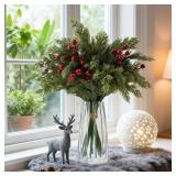 15 Pcs Christmas Artificial Pine Branches with Red Berry Stems, 18 Faux Evergreen Pine Cedar Stems, Fake Green Foliage Pine Needles Picks for DIY Craft Xmas Home Decor(15, Cypress & Barries)