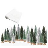 Christmas Decor Bottle Brush Trees Set- 24PCS Assorted Artificial Mini Snow Pine Trees with Wood Base for Village Miniature Craft Decorations for Home Indoor Party (Include Small Snow Blanket)