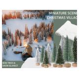 Christmas Decor Bottle Brush Trees Set- 24PCS Assorted Artificial Mini Snow Pine Trees with Wood Base for Village Miniature Craft Decorations for Home Indoor Party (Include Small Snow Blanket)