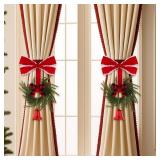 Norme 2 Pcs 21.7 Inch Christmas Curtain Tiebacks Red Velvet Bow Norfolk Pine Wreath with Plastic Red Cowbell Holdbacks Christmas Curtain Bow Wreath Ties for Xmas Holiday Bedroom Home Decor Window