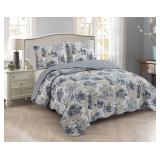 Brilliant Sunshine Blue Toile in Beige and Ivory Patches, 3-Piece Quilt Set with 2 Shams, Reversible Bedspread, Soft Lightweight Coverlet, All-Season, Full/Queen, Blue