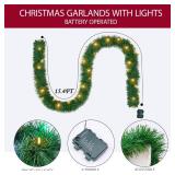WEMADE 15.4ft Pre-Lit Christmas Garland with Lights 50 LED Lighted Garlands for Christmas Decorations Indoor Outdoor, Battery Operated 8 Modes Memory Timer for Mantel Stair Banister Doorframe Decor
