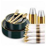 WDF Partyware 175PCS Green Plastic Plates - Green and Gold Disposable Plates 25Guests Plastic Plates with Rolled Napkins for Birthday/St. Patrick