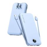 Portable Charger with Built-in Cables and Wall Plug, 12000mAh 22.5W USB C Power Bank Fast Charging with LED Display, External Battery Pack Travel Essentials Compatible with iPhone, iPad, Samsung Blue