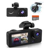 Dash Cam Front and Rear Inside, 4K Full HD Triple Dash Camera for Cars, Car Camera with 32GB Card,Built-in Loop Recording,G-Sensor,24H Parking Monitor,WDR,Accident Lock