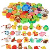 BMTOYS Montessori Educational Threading Toys Wooden Stringing Farm Animals Fruits Lacing Beads Preschool Toy for Toddler 3 4 5 Year Old Boys Girls
