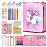 beefunni Unicorn Fruit Scented Markers Set 56 Pcs, Art Supplies for Kids 4-6-8, Arts and Crafts Coloring Set, Markers Pencil Crayon&Gel Pen Drawing Kits - Birthday Gifts for Girls 4 5 6 7 8 Year Old