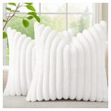 decorUhome Cozy Faux Fur Spring Throw Pillow Covers 20x20 Set of 2 Decorative Soft Plush Striped Modern Farmhouse Boho Couch Pillow Cases with Velvet Back for Sofa Bed Living Room, White