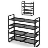 Shoe Rack - Expandable Shoe Organizer for Closet, Adjustable Metal Shoe Shelf Storage, Stackable Long Shoe Stand Holder for Garage, Entryway, Door Entrance (Black, 4-Tier)