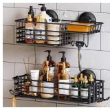 TAILI Shower Caddy Suction Cup 2 Pack with Hooks & Soap holder, Heavy Duty Shower Organizer for Bathroom, No Drilling Bathroom Organizer with Large Capacity, Black Metal Storage Basket