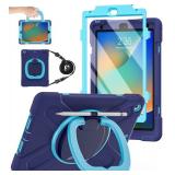 BATYUE for iPad 9th/ 8th/ 7th Generation Case (iPad 10.2 inch Rugged Case 2021/2020/2019) with Screen Protector, Rotating Stand/Pencil Holder/Carrying Shoulder Strap (Navy Blue)
