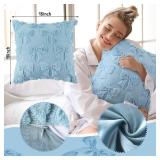 Mixweer Bow Pillow Covers Set of 2 Coquette Room Decor Cute Faux Fur Soft Bowknot Preppy Stuff Fluffy Plush Aesthetic Pillow Covers for Bed Sofa Couch, Fall Christmas Decor(18 x 18 Inch,Blue)