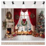 Avezano 10x7 ft Christmas Window Backdrop for Photography Red Fireplace Snow Scene Christmas Background Xmas Family Holiday Party Decorations Indoor
