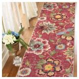 Beeiva Floral Washable Runner Rug 2x6, Red Christmas Runners Rug for Hallway with Rubber Backing, Ultra Thin Vintage Non Skid Washable Carpet for Bedroom Entrway Laundry Room