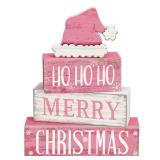 Moucuny 4 Pcs Christmas Table Decorations Pink Santa Hat Decor Christmas Tiered Tray Decor Rustic Wood Pink Hat Block Sign Gift Xmas Table Centerpiece Farmhouse for Home Shelf Kitchen Decorations