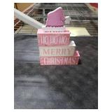 Moucuny 4 Pcs Christmas Table Decorations Pink Santa Hat Decor Christmas Tiered Tray Decor Rustic Wood Pink Hat Block Sign Gift Xmas Table Centerpiece Farmhouse for Home Shelf Kitchen Decorations