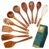 AIUHI 10 Pack Wooden Spoons for Cooking, Teak Wood Kitchen Utensils Set for Non Stick Use, Spatula Set for Stirring, Baking, Non Stick Wooden Utensils for Kitchen