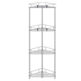 HuggieGems 4 Tier Floor Standing Corner Shower Caddy Organizer Shelf with Hooks, Bathroom Shelves Stand Rack, Silver