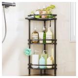 HapiRm Standing Corner Shower Caddy - 3 Tier Shower Organizer Corner with Soap Holder and 4 Hooks, Rustproof Bathroom Storage Shelves with Adhesives, Black