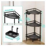 HapiRm Standing Corner Shower Caddy - 3 Tier Shower Organizer Corner with Soap Holder and 4 Hooks, Rustproof Bathroom Storage Shelves with Adhesives, Black