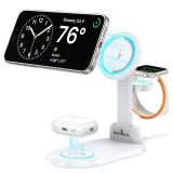 Magnetic Wireless Charger Mag-Safe 3 in 1 Charging Station,15W Max Foldable Wireless Charging Stand for iPhone 17/16/15/14/13/12, Fast Travel Charger for Multiple Devices iWatch Airpods (White)