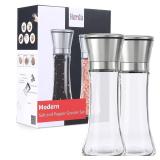 Herda Salt and Pepper Grinder - Refillable 304 Brushed Stainless Steel Shaker - Adjustable Ceramic Sea Salt & Pepper Grinder - Tall Glass Salt- Pepper Mill & Salt Mill (2Pcs)
