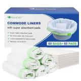 Kovevo 60 Pack Commode Liners with Absorbent Pads, 60 Bedside Commode Liners and 60 Commode Pads, Portable Toilet Liners for Commode Bucket | Universal Fit | Make Cleanup Simple