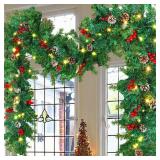 GUOOU 9 Foot Christmas Lighted Garland, Battery Operated Christmas Garland with Lights, Pre Lit Garland Wreath for Indoor Home Winter Holiday New Year Xmas Decorations