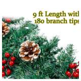 GUOOU 9 Foot Christmas Lighted Garland, Battery Operated Christmas Garland with Lights, Pre Lit Garland Wreath for Indoor Home Winter Holiday New Year Xmas Decorations