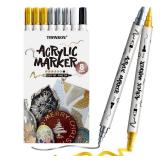 TRANSON 3 Gold, 3 Silver, 1 Black and 1 White Paint Markers Bold and Fine Dual-tip Acrylic Paint Marker Set for Rock Painting Glass Canvas Wood Leather Ceramic Painting