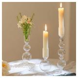 Hewory Glass Candlestick Holders Set: 3PCS Clear Candle Holder Taper Candle Holders Bulk, Crystal Ribbed Candle Sticks Holder Decor for Table Centerpiece Wedding Christmas Thanksgiving Dinner