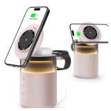 5-in-1 Wireless Charging Station with Bluetooth Speaker,Magnetic Charger with Night Light,Charger Stand with 33W Adapter Compatible with Apple Watch&iPhone 17 16 15 14 13 Pro Max&Wireless Earbuds Pink
