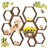 Gerrii 10 Pcs Honey Comb Decorations 5 Sizes Wood Hexagon Shelves Honeycomb Centerpiece Cupcake Stand Wooden Bee Hive Display Holder for Baby Shower Honeybee DIY Birthday Party Decor (Dark Brown)