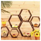 Gerrii 10 Pcs Honey Comb Decorations 5 Sizes Wood Hexagon Shelves Honeycomb Centerpiece Cupcake Stand Wooden Bee Hive Display Holder for Baby Shower Honeybee DIY Birthday Party Decor (Dark Brown)