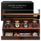 Premium 4 Slot Watch Box for Men (2026 Upgraded) Wooden Watch Display Case with Hinged Wood Cover, Leather Lining & Drawer Watch Organizer Stand Handcrafted Luxury Valentines Day Gift for Men