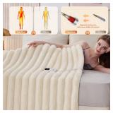 HaloRest Heated Throw Blanket, Faux Fur Cozy Heating Blanket with Overheat Protection, 1/2/4/6/8 Hours Auto-Off 10 Heat Level, Machine Washable (50x60 Inches, Cream White)