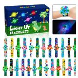 SEKEAHU 25 PCS Light Up Fidget Rotating Toy + 25PCS Slap Bracelets, Dinosaur Halloween Party Favors Christmas Stocking Stuffers for Kids 4-8-12 Goodie Bag Stuffers Glow in The Dark Supplies Gifts