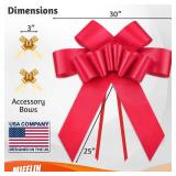 Mifflin-USA Big Car Bow (Matte Red, 30 inch) Gift Bow, Giant Bow for Car, Birthday Bow, Huge Car Bow, Big Red Bow, Christmas Bow, Gift Wrapping, Big Gift Bow for Car Decor with 2 Suction Cups