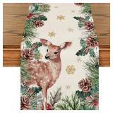 Artoid Mode Reindeer Pine Cone Leaves Christmas Table Runner, Seasonal Winter Floral Kitchen Dining Table Decor for Home Party 13x108 Inch
