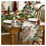 Artoid Mode Reindeer Pine Cone Leaves Christmas Table Runner, Seasonal Winter Floral Kitchen Dining Table Decor for Home Party 13x108 Inch