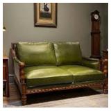Olive Green Leather Sofa with Carved Wood Frame