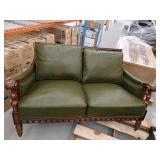 Olive Green Leather Sofa with Carved Wood Frame