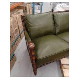 Olive Green Leather Sofa with Carved Wood Frame