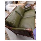 Olive Green Leather Sofa with Carved Wood Frame