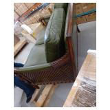 Olive Green Leather Sofa with Carved Wood Frame