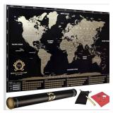 Detailed Scratch off World Map Poster - XL - Black and Gold Scratchable World Map - Glossy